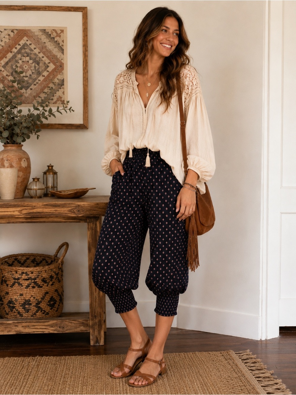 Source Unknown Black  Printed Cropped Elastic Cuff Pants